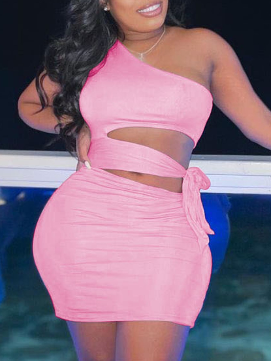 

Lovely Sweet One Shoulder Bandage Hollow-out Design Pink Mini Dress