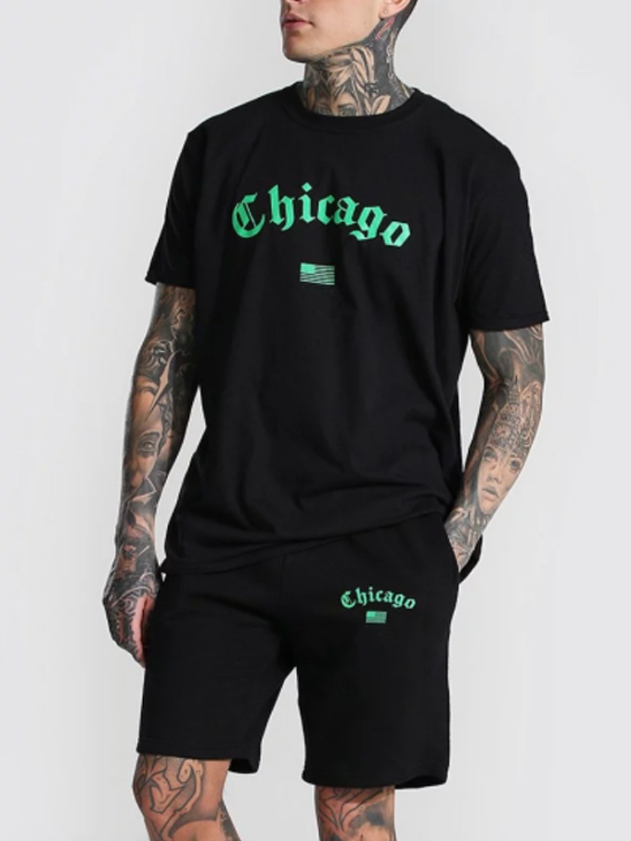 

Lovely Men Casual O Neck Letter Print Black Two Piece Shorts Set