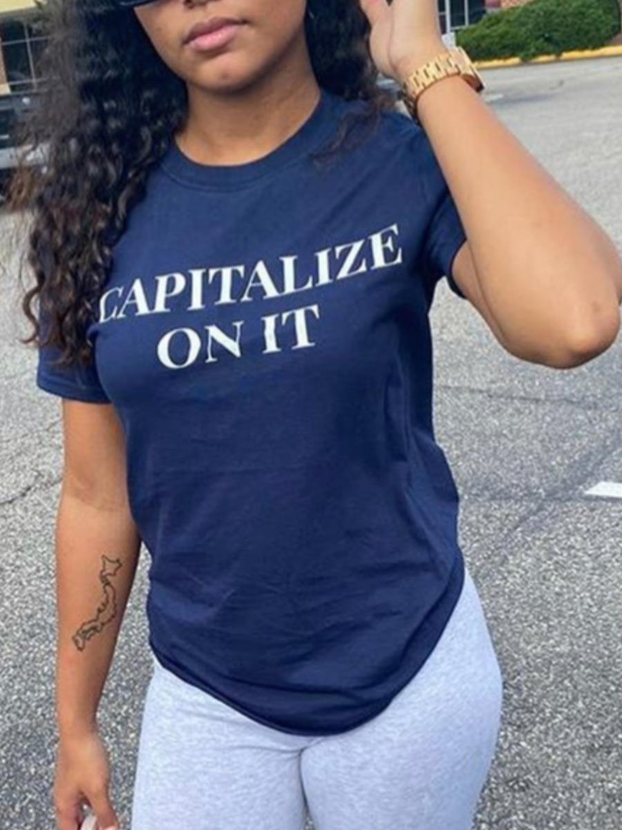 

Lovely Casual O Neck Letter Print Blue T-shirt