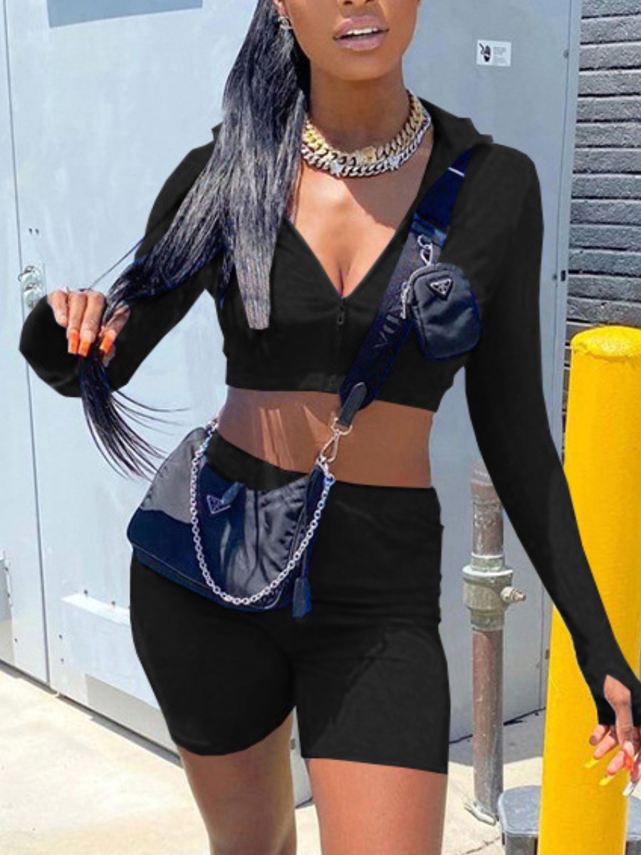 

LW Sporty Turtleneck Zipper Design Black Two Piece Shorts Set