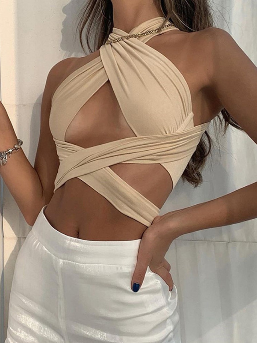 

Lovely Sexy Bandage Hollow-out Design Khaki Camisole