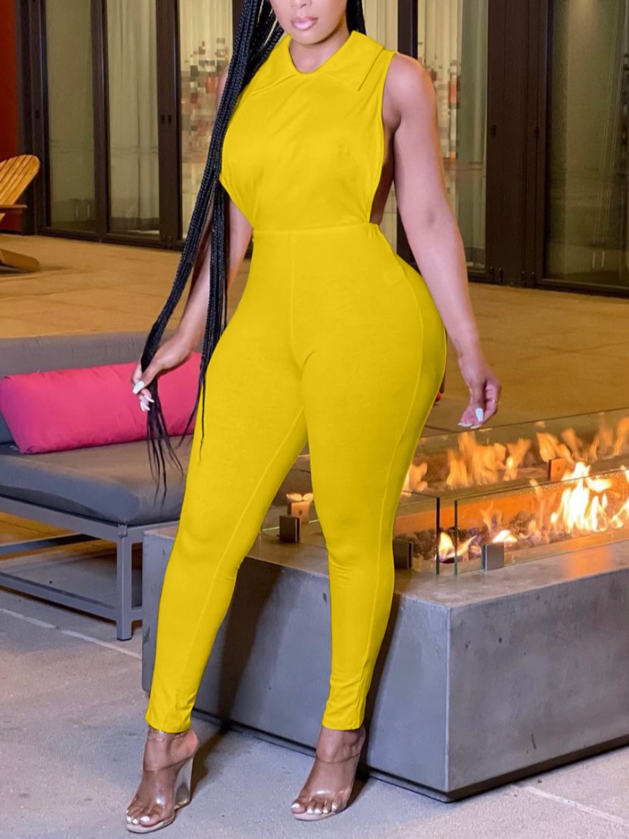 

LW Casual O Neck Hollow-out Yellow One-piece Jumpsuit