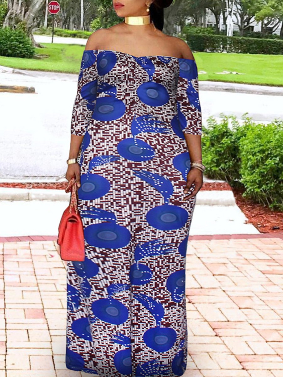 

LW BASICS Plus Size Boho Off The Shoulder Print Blue Floor Length Dress
