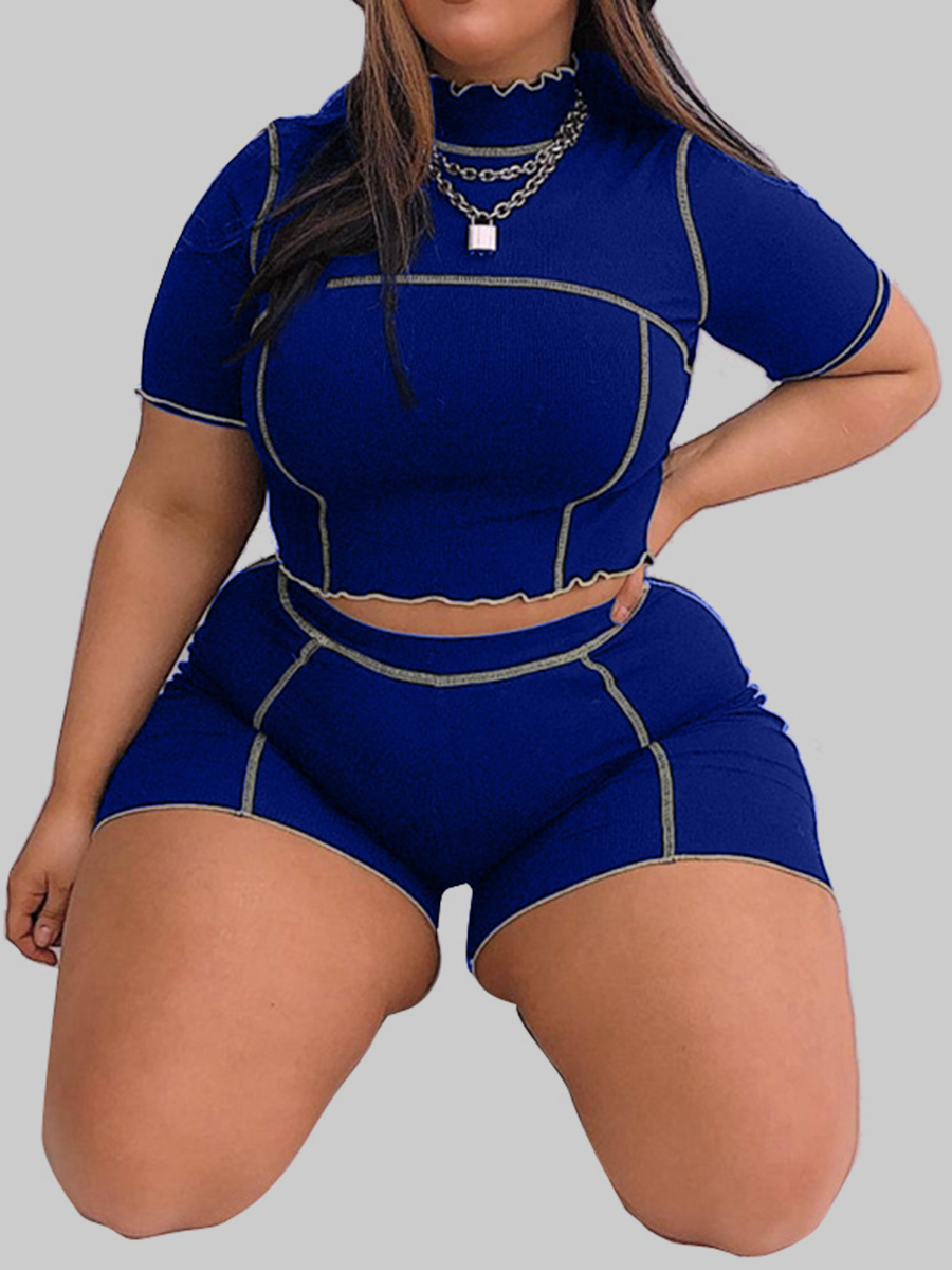 

Lovely Plus Size Sporty Striped Lettuce Trim Blue Two-piece Shorts Set