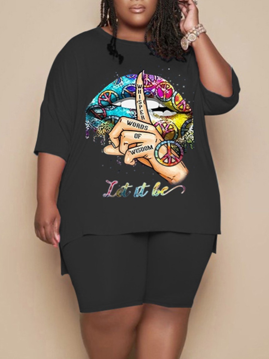 

LW Plus Size Casual Lip Letter Print Split Black Two Piece Shorts Set