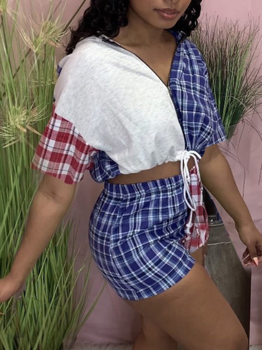 

LW Casual Hooded Collar Plaid Print Drawstring Multicolor Two Piece Shorts Set, Multicolor lattices
