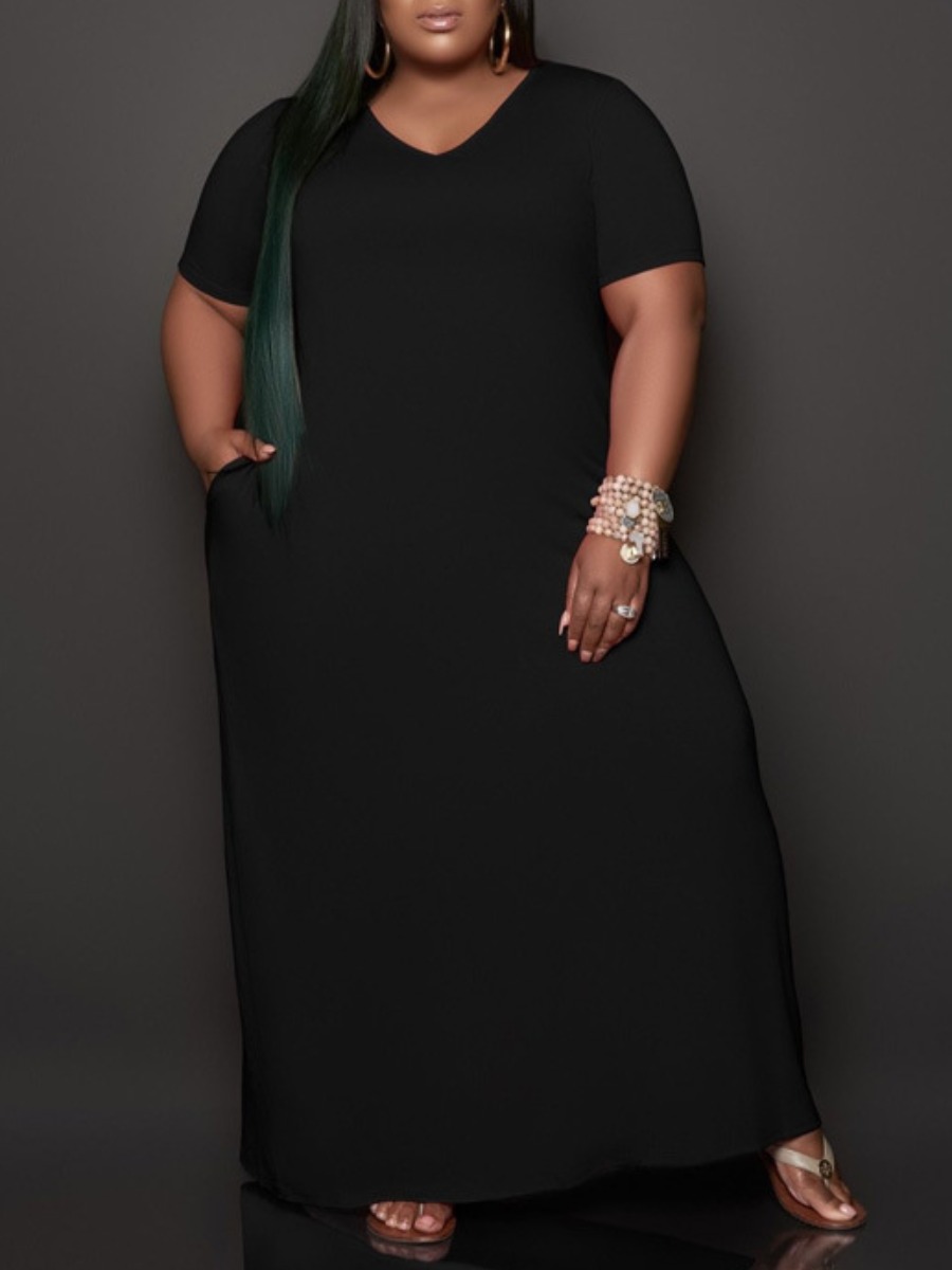 

Lovely Plus Size Casual V Neck Pocket Design Black Ankle Length Dress