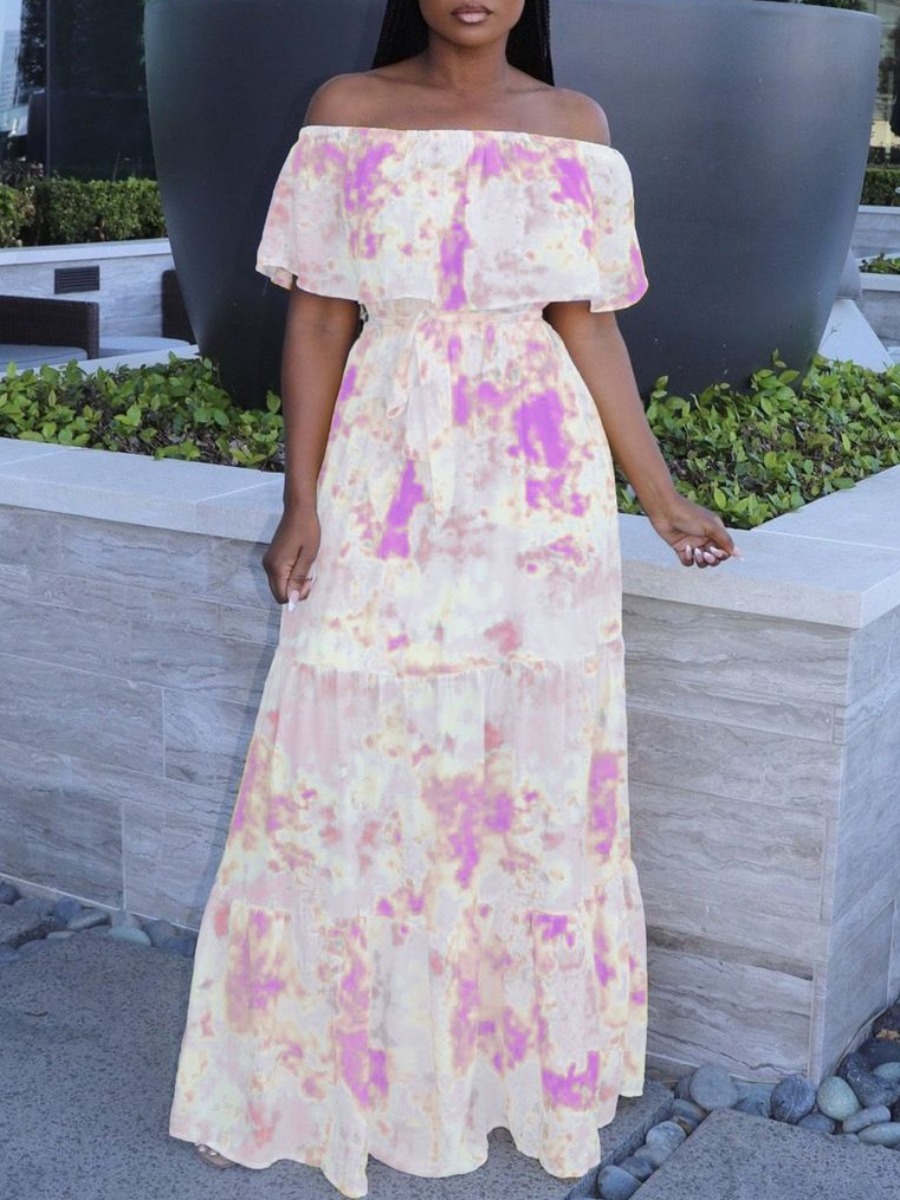 

Lovely Boho Off The Shoulder Tie-dye Pink Floor Length Dress