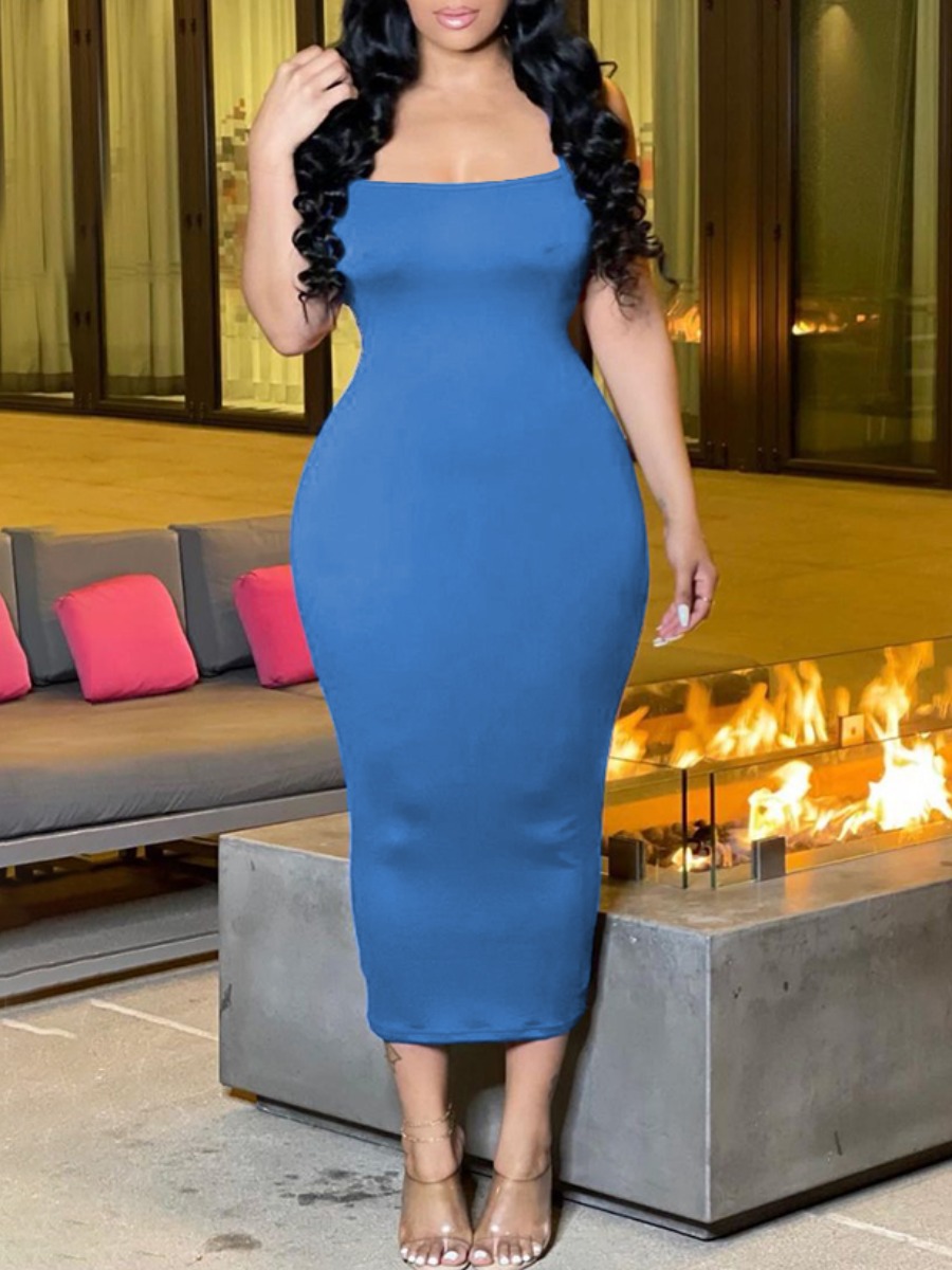 

Lovely Casual Backless Basic Skinny Blue Mid Calf Dress