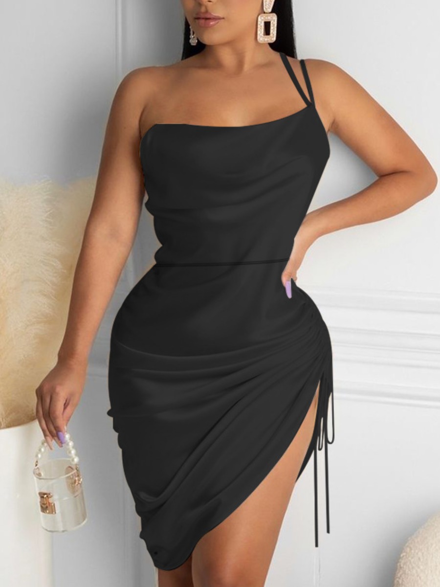 

Lovely Sweet One Shoulder Drawstring Black Mini Dress