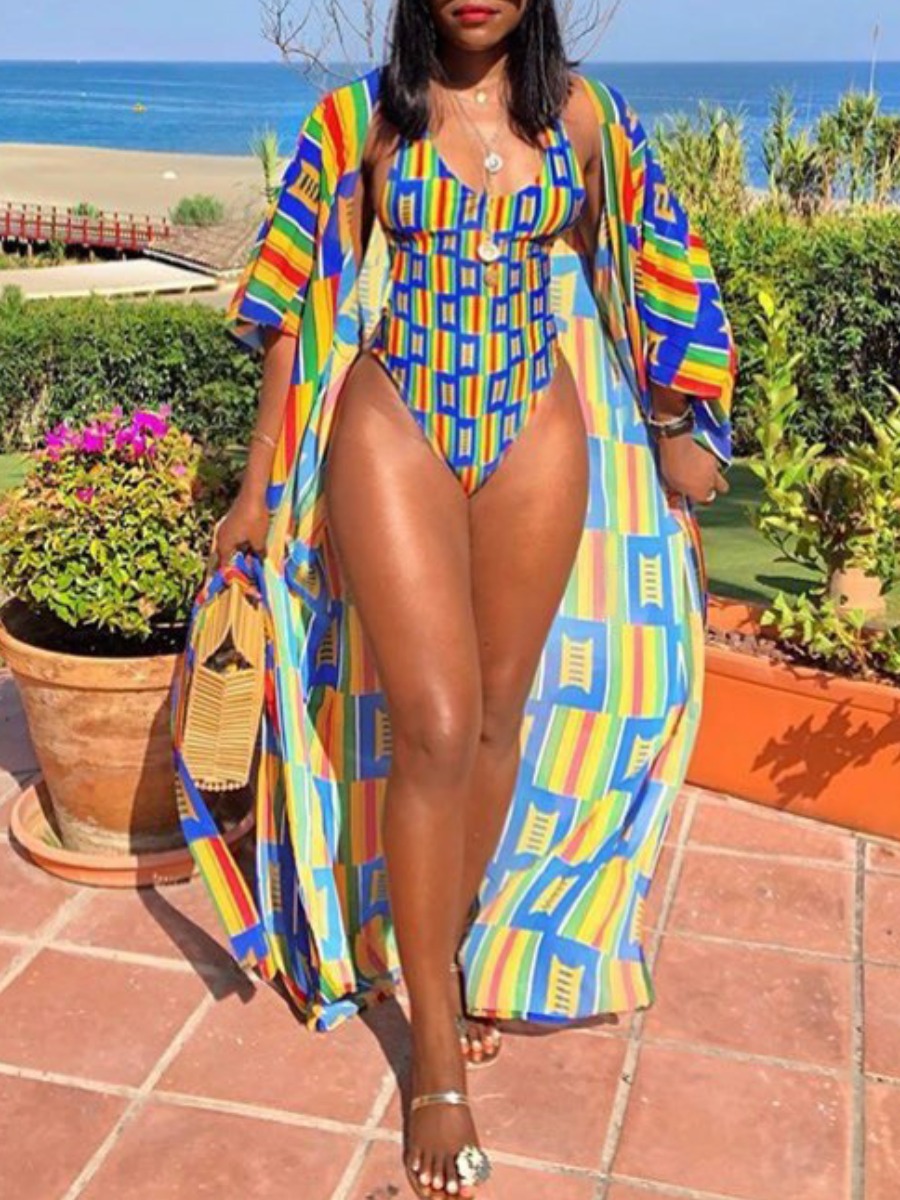 

Lovely Boho Geometric Print Multicolor One-piece Swimsuit (With Cover-up,Without Scarf), Multi