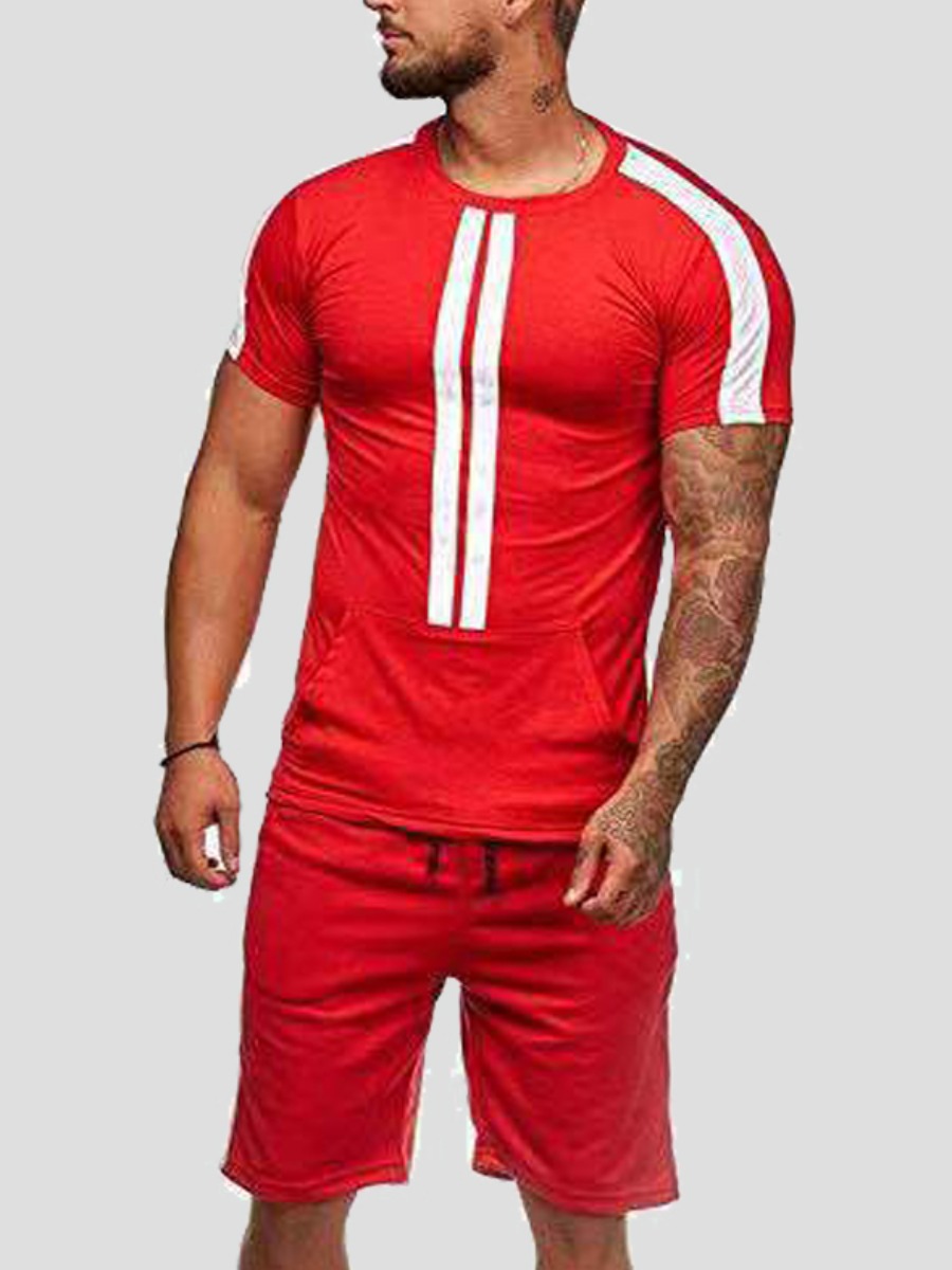 

Lovely Men Sporty Striped Drawstring Red Active Two Piece Shorts Set