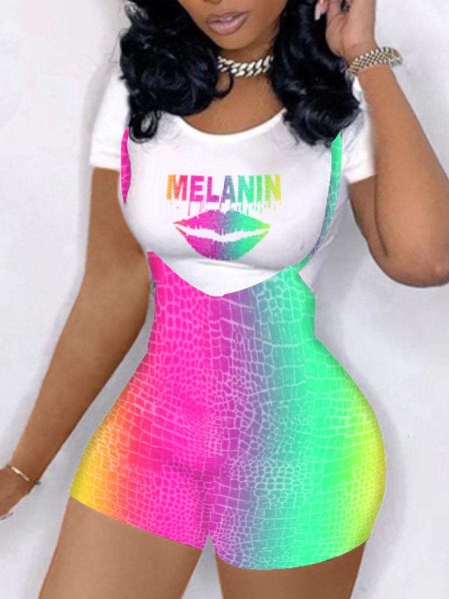 

Lovely Plus Size Casual Lip Print Overall White Two-piece Shorts Set