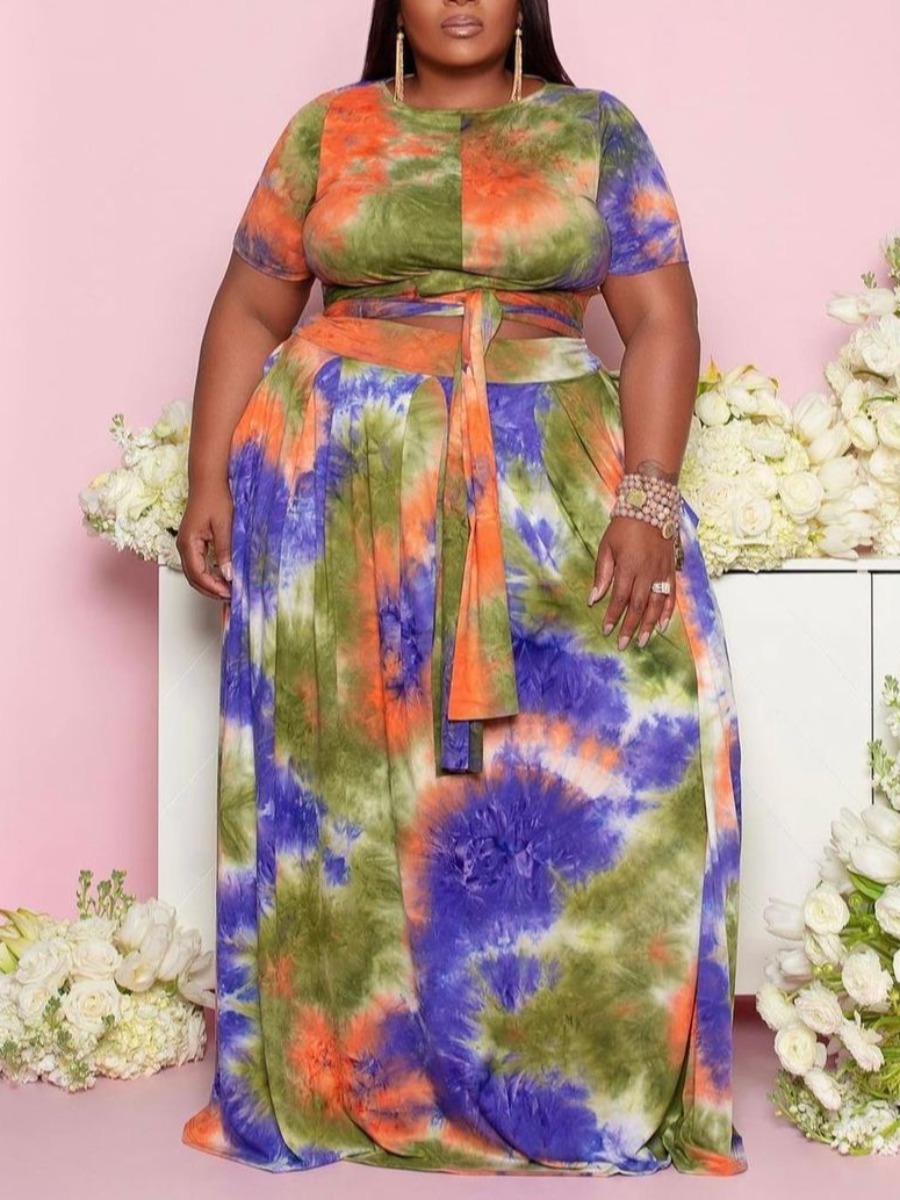 

Lovely Plus Size Boho O Neck Tie-dye Green Two Piece Skirt Set