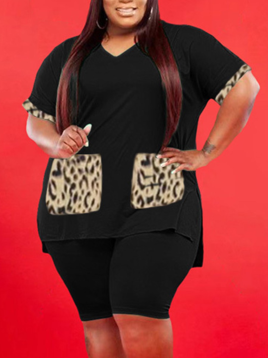 

Lovely Plus Size Casual V Neck Leopard Print Black Two-piece Shorts Set
