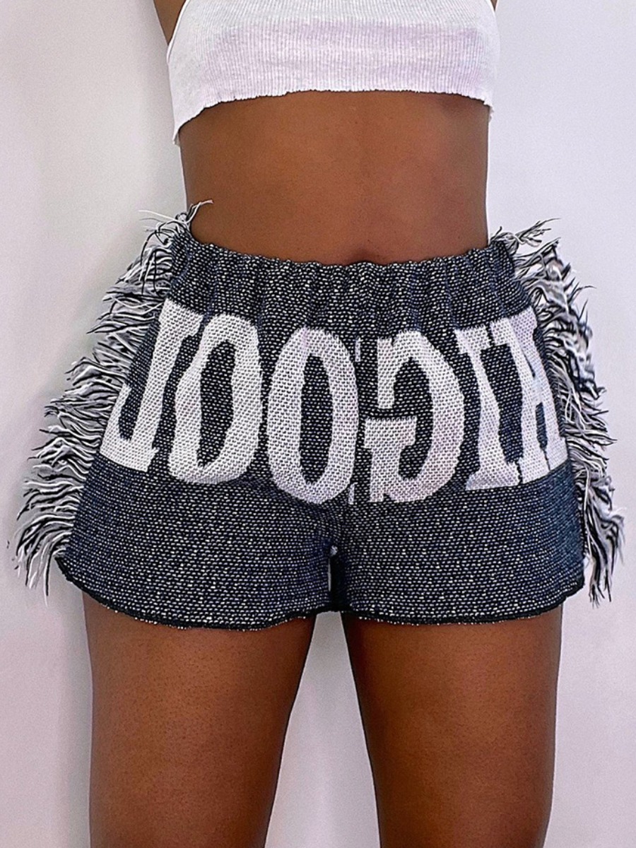 

Lovely Casual Letter Print Tassel Design Blue Shorts