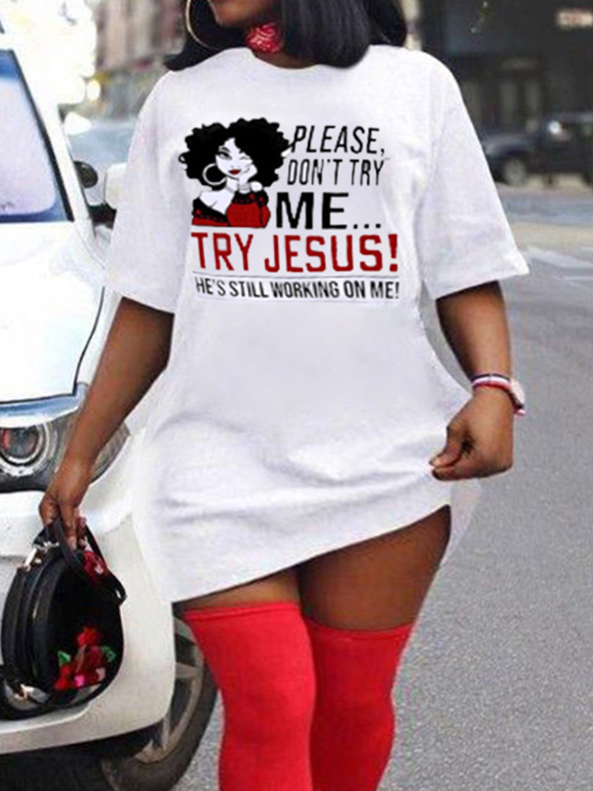 

Lovely Plus Size Casual O Neck Letter Print White Knee Length Dress