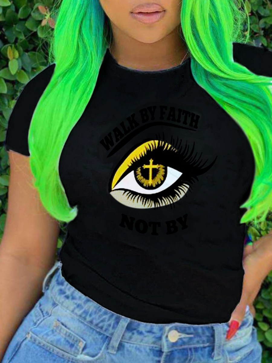 

Lovely Plus Size Casual Eye Letter Print White T-shirt, Black