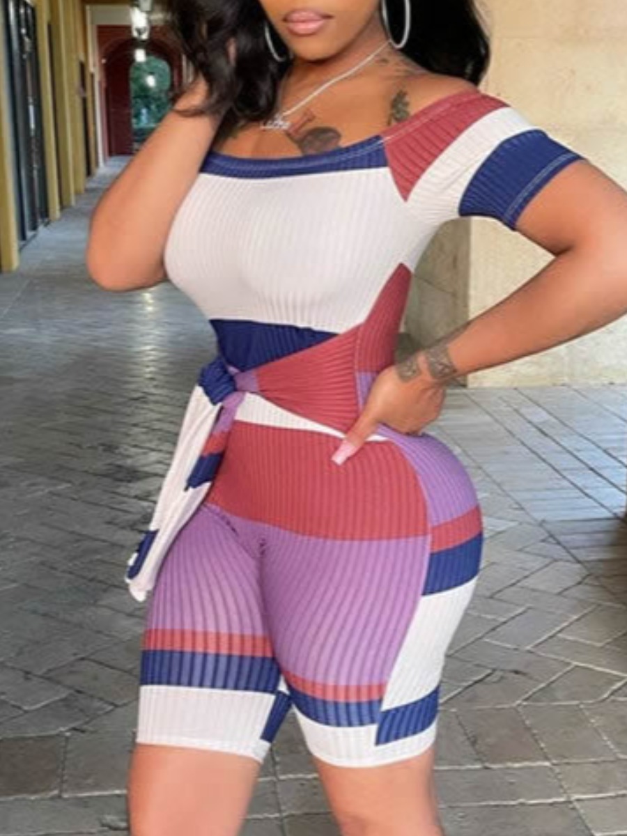 

Lovely Casual Rib-Knit Striped Purple One-piece Romper
