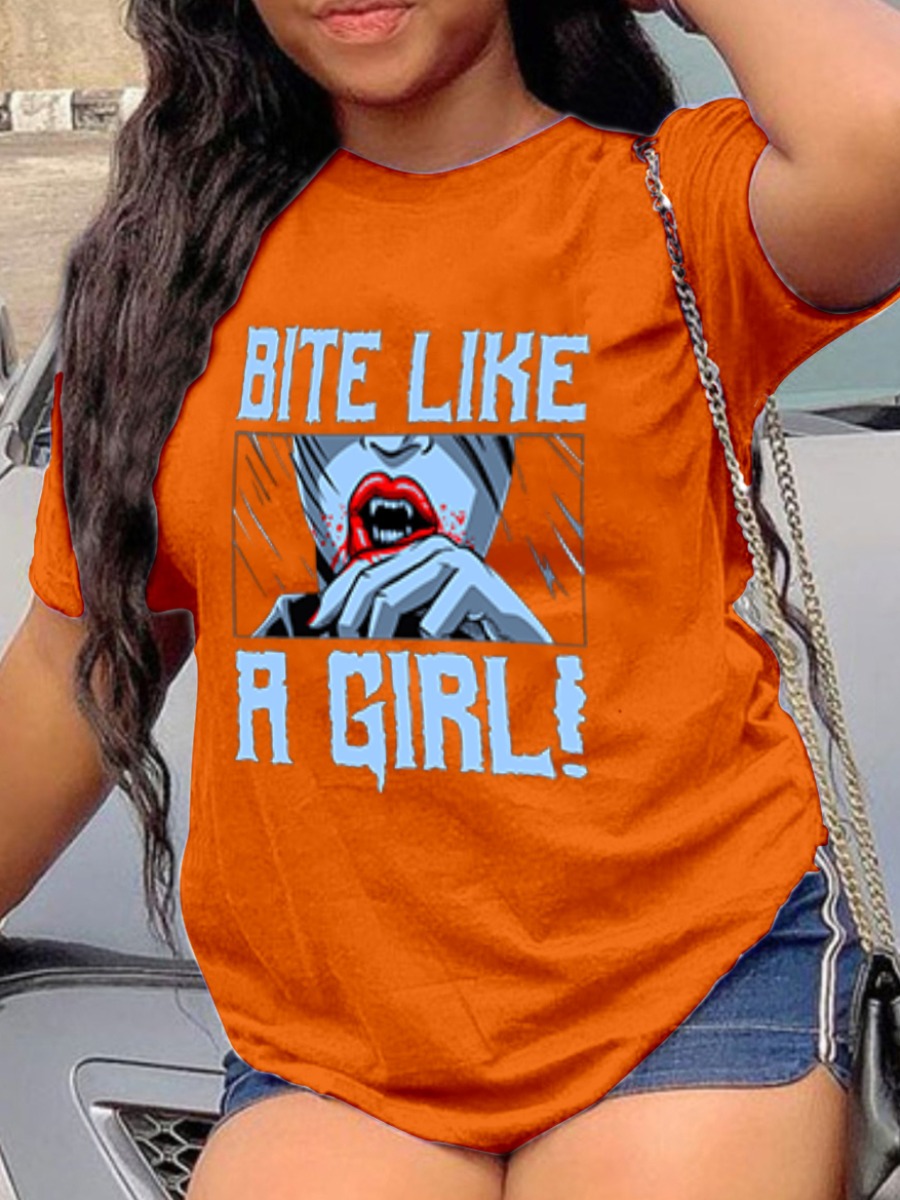 

Lovely Casual O Neck Letter Print Orange T-shirt