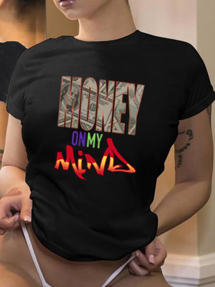 

Lovely Casual O Neck Letter Print Black T-shirt