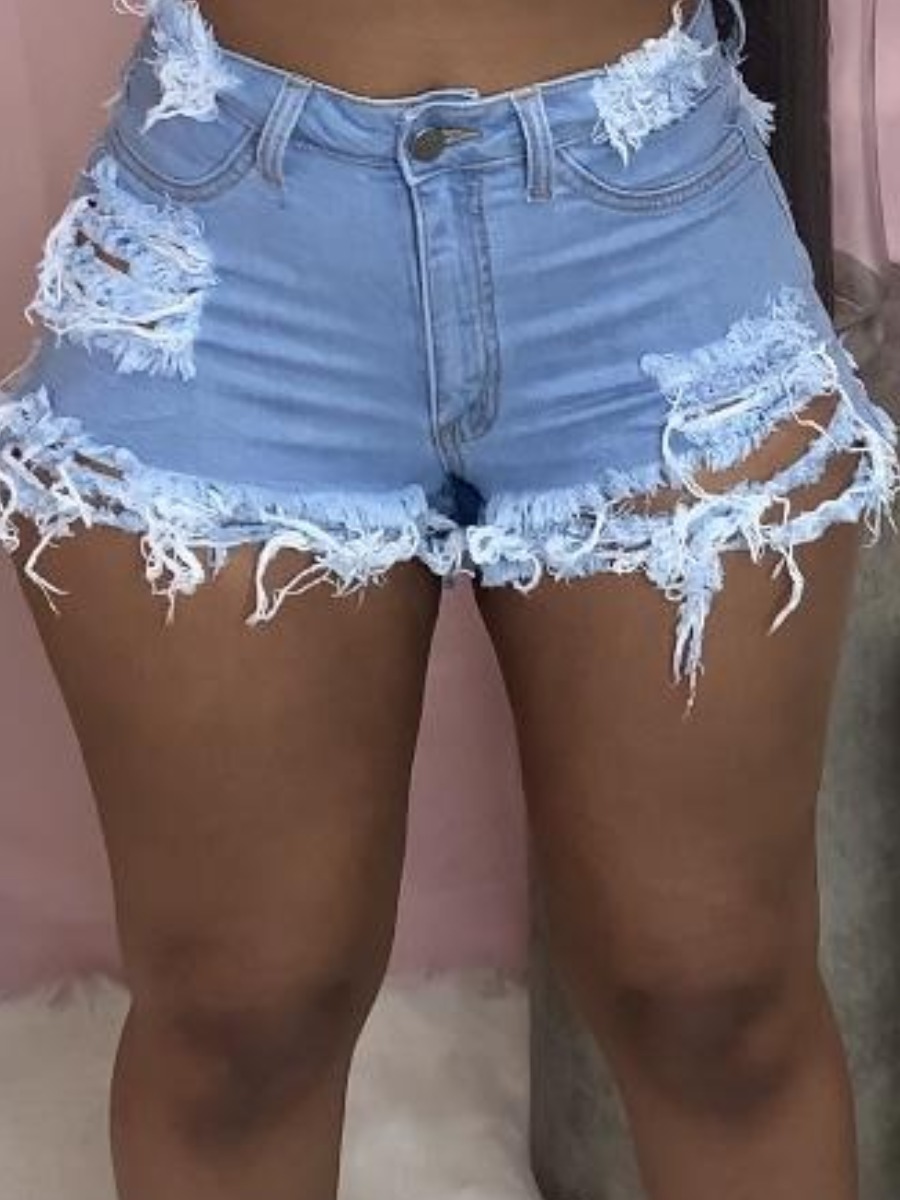

Lovely Plus Size Casual Mid Waist Ripped Baby Blue Denim Shorts