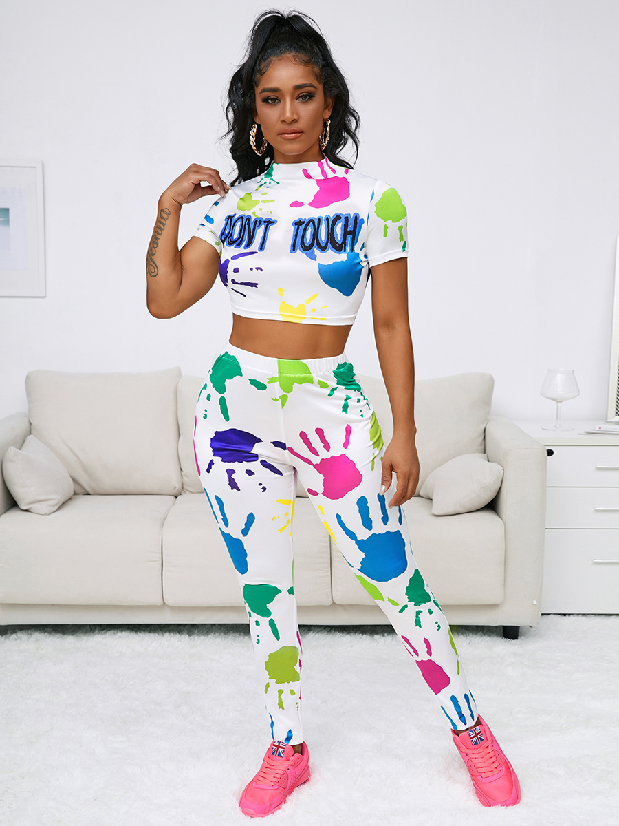 

Lovely Casual Palm Letter Print White Two Piece Pants Set
