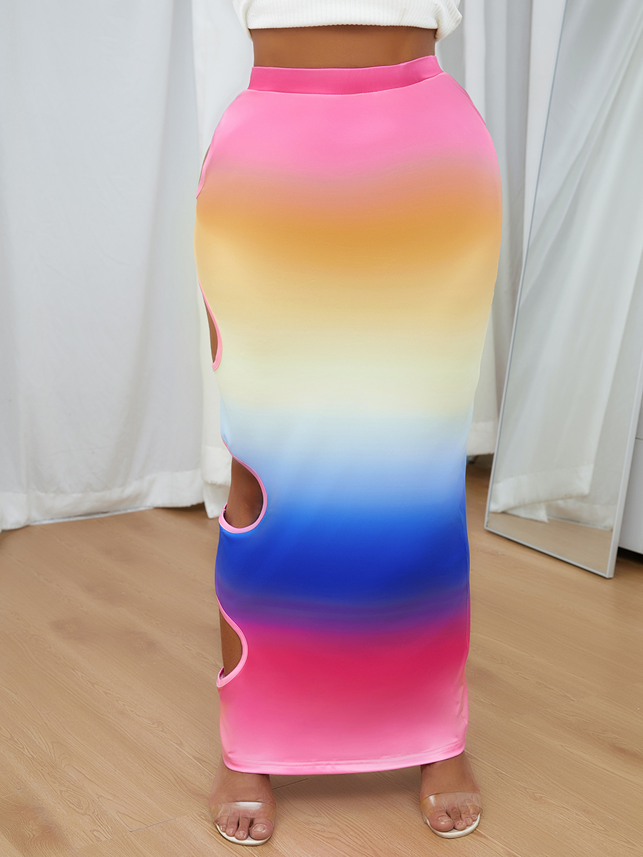LovelyWholesale Casual Tie-dye Hollow-out Multicolor Ankle Length Dress Summer Casual Cut Out Spring Summer 2024