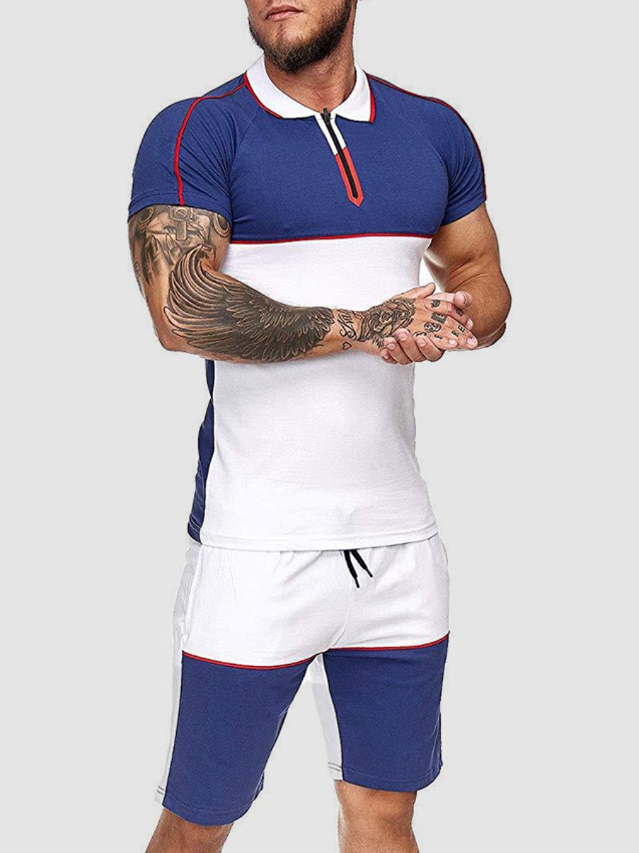 

Lovely Men Street Color-lump Drawstring Deep Blue Two Piece Shorts Set