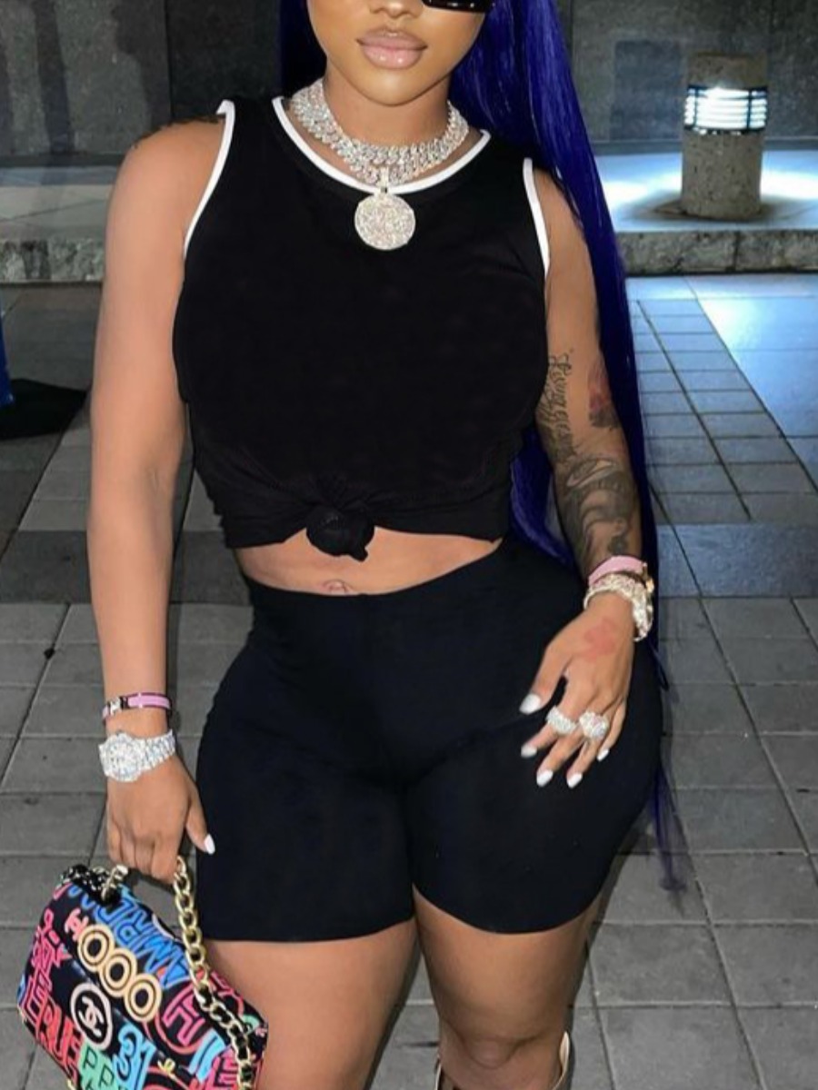 

Lovely Casual O Neck Elastic Black Two Piece Shorts Set