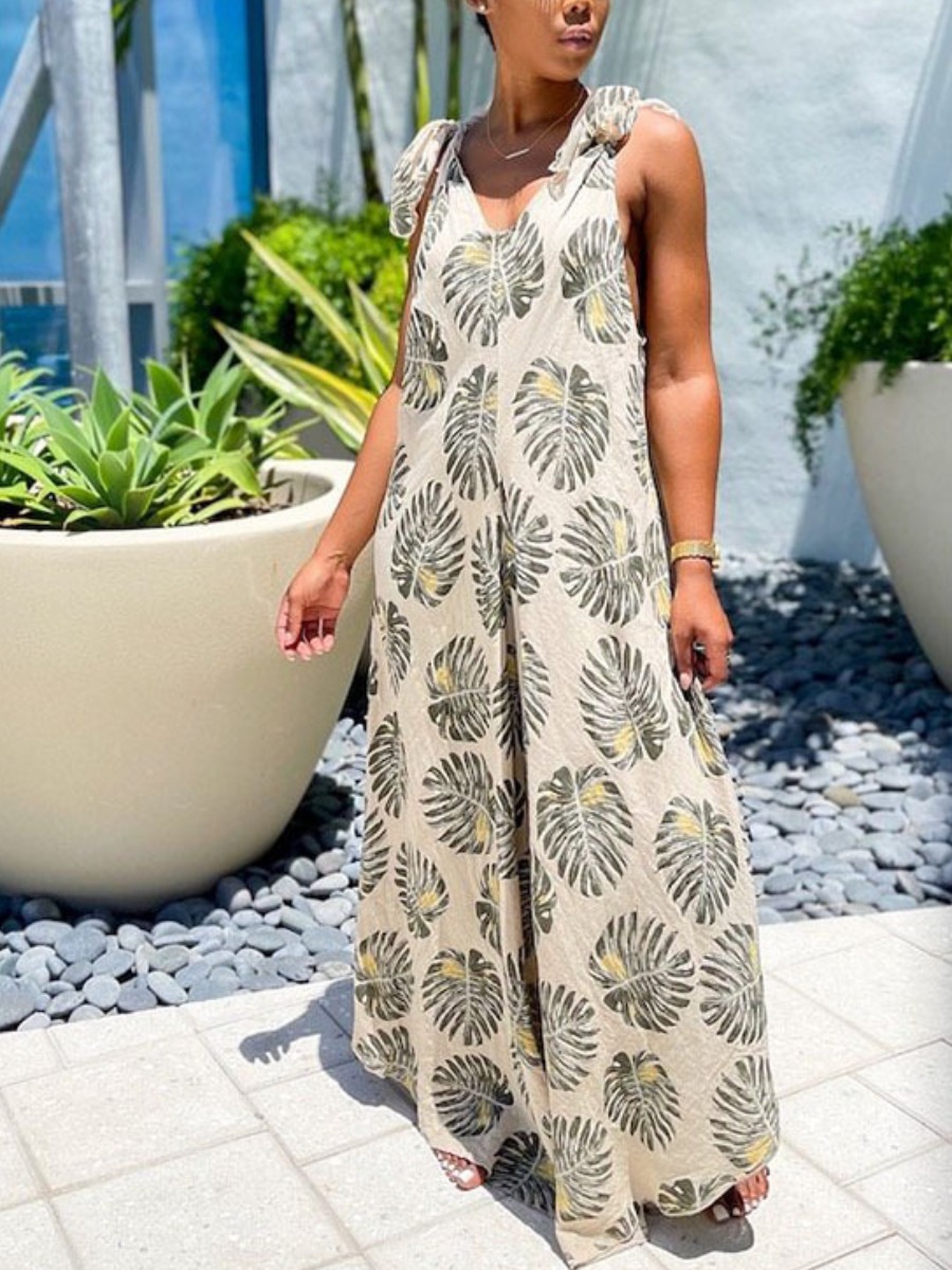

Lovely Boho V Neck Floral Print Beige One-piece Jumpsuit