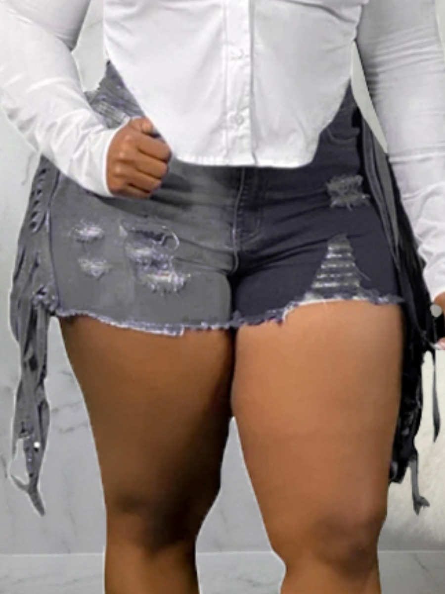 

LW Casual Ripped Tassel Design Black Denim Shorts