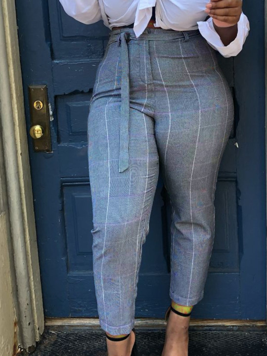 

Lovely Plus Size Business High-waisted Plaid Print Grey Pants