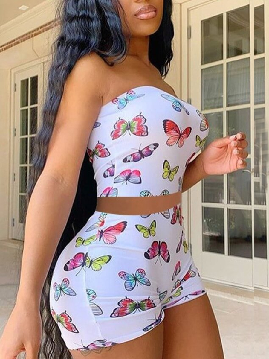 LW Butterfly Print Crop Top Shorts Set
