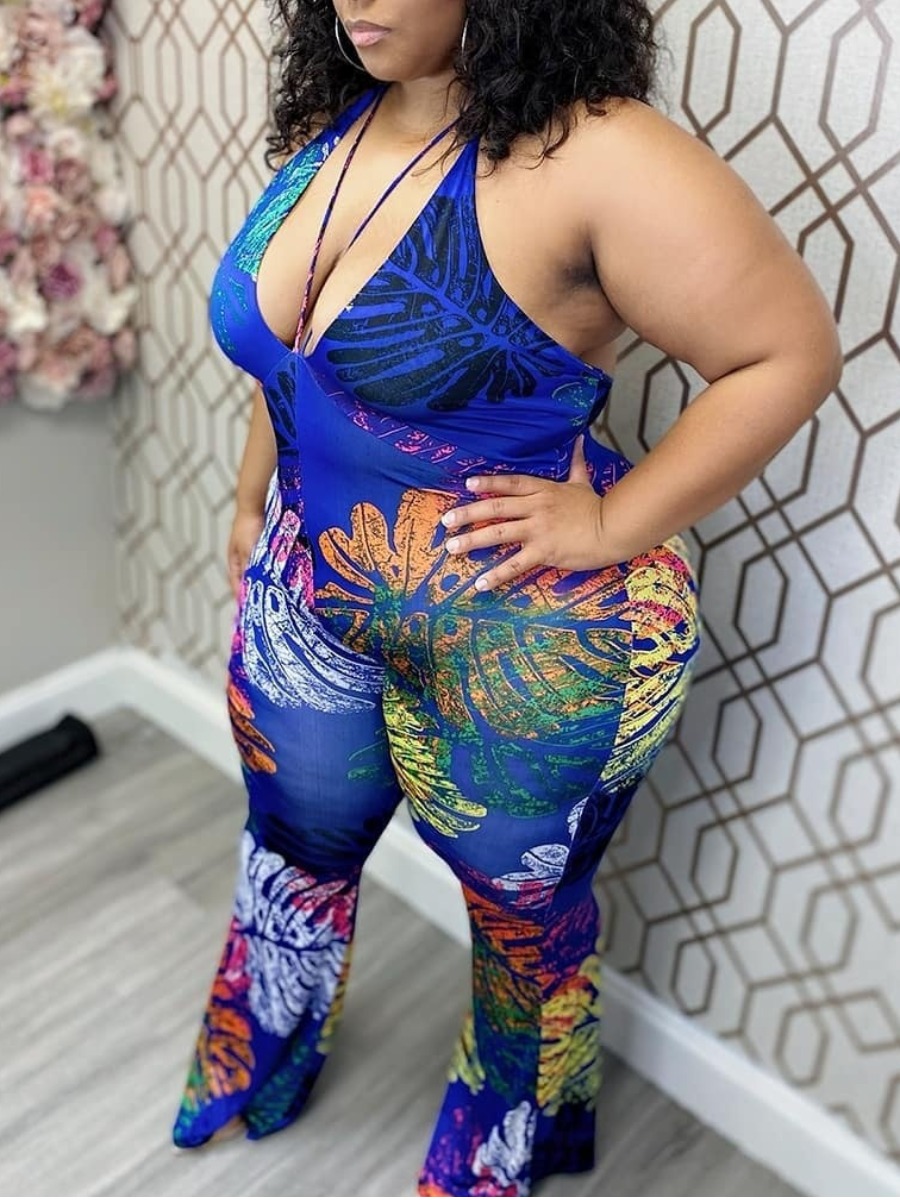 

Lovely Plus Size Casual Backless Floral Print Blue One-piece Jumpsuit