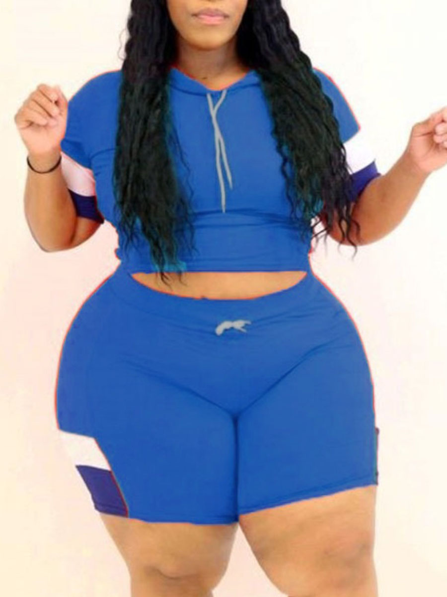 

Lovely Plus Size Sporty Hooded Collar Color-lump Blue Two-piece Shorts Set