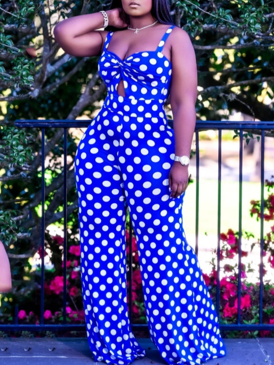 

Lovely Sweet Dot Print Hollow-out Blue One-piece Jumpsuit