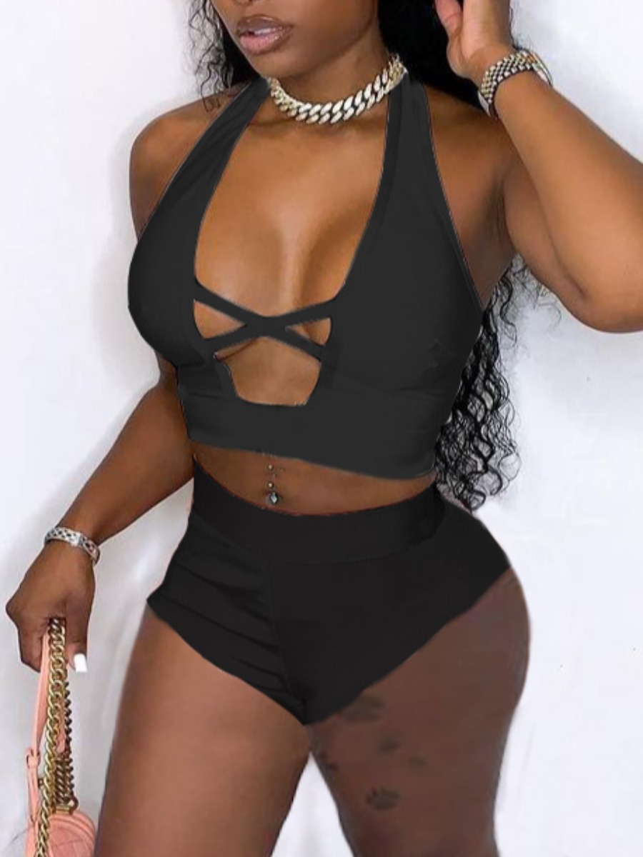 

Lovely Boho Bandage Hollow-out Design Black Two-piece Swimsuit