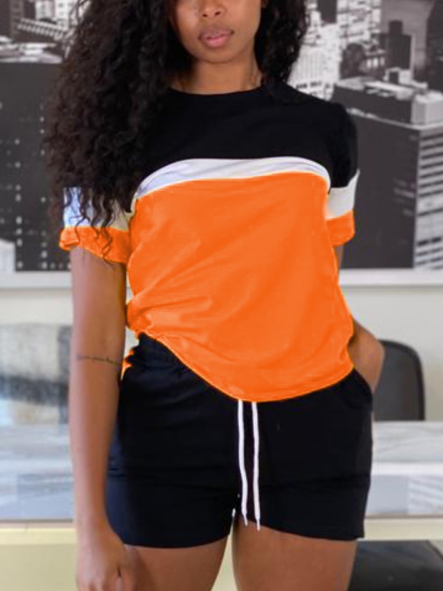 

Lovely Street Color-lump Drawstring Orange Two Piece Shorts Set