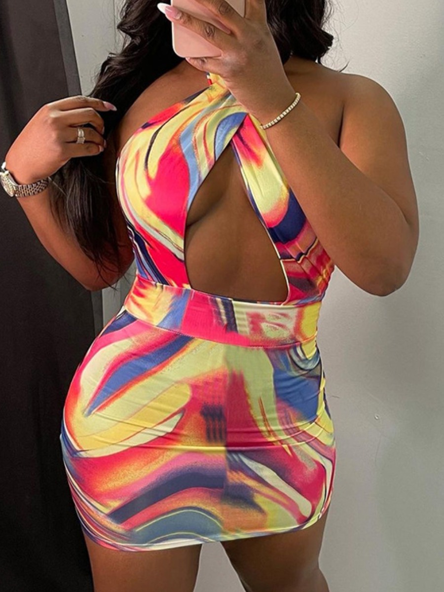 

Lovely Sexy Backless Tie-dye Bandage Design Multicolor Mini Dress, Multi