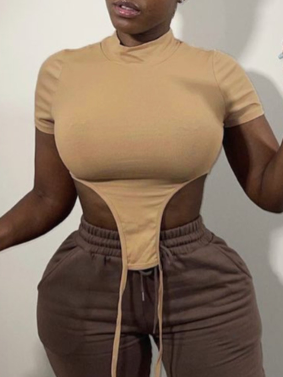 

Lovely Street O Neck Tasseel Design Khaki T-shirt