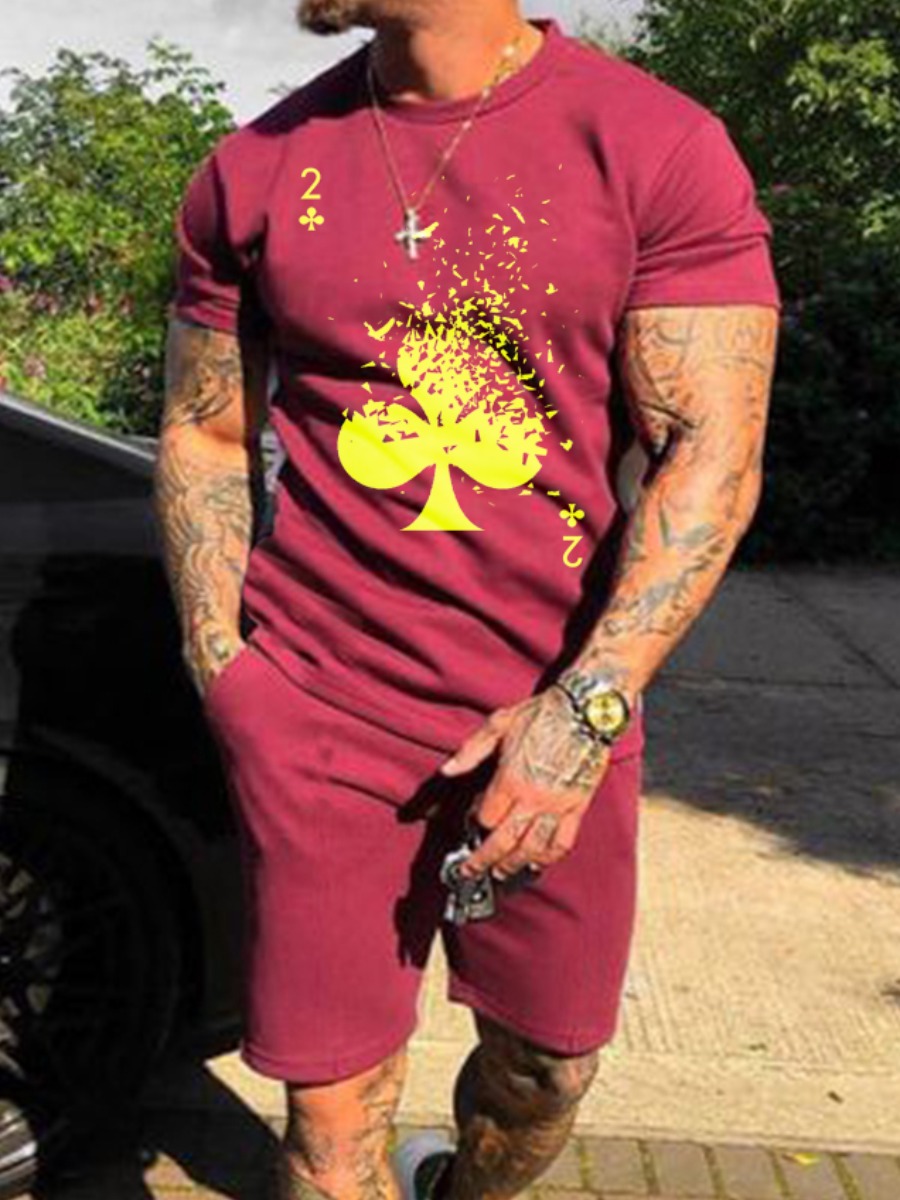 

Lovely Men Casual O Neck Splash-ink Design Red Two Piece Shorts Set