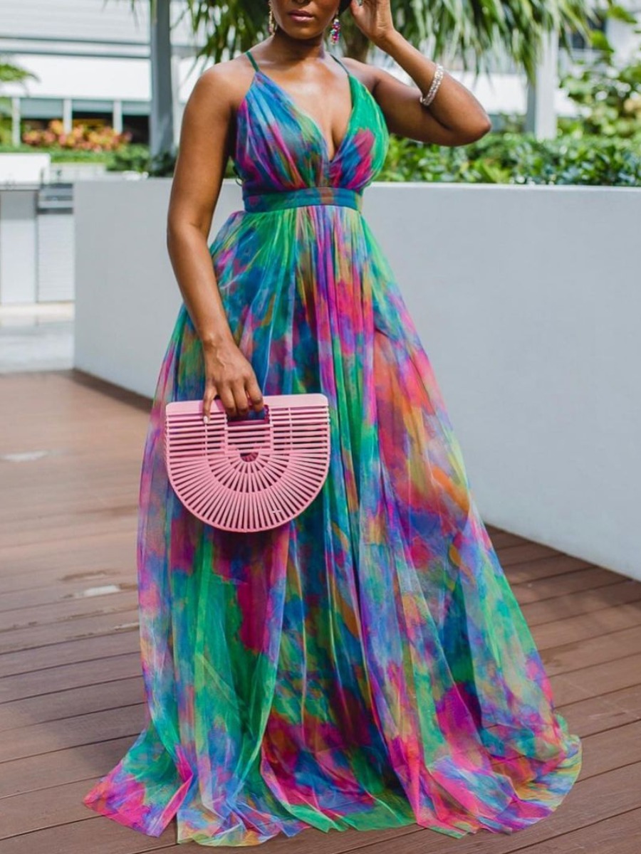 

Lovely Elegant V Neck Tie-dye Green Floor Length A Line Dress