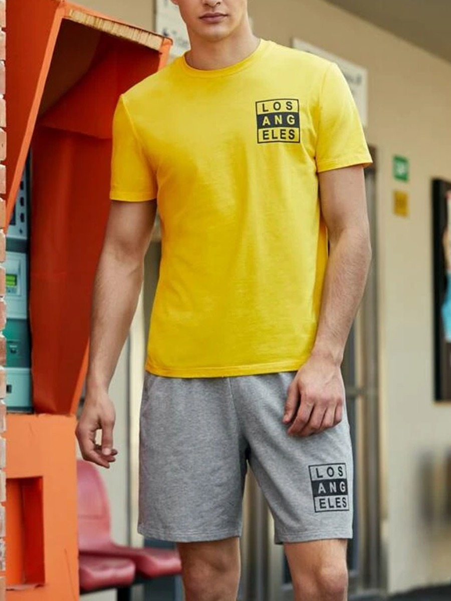 

Lovely Men Casual O Neck Letter Print Yellow Two Piece Shorts Set