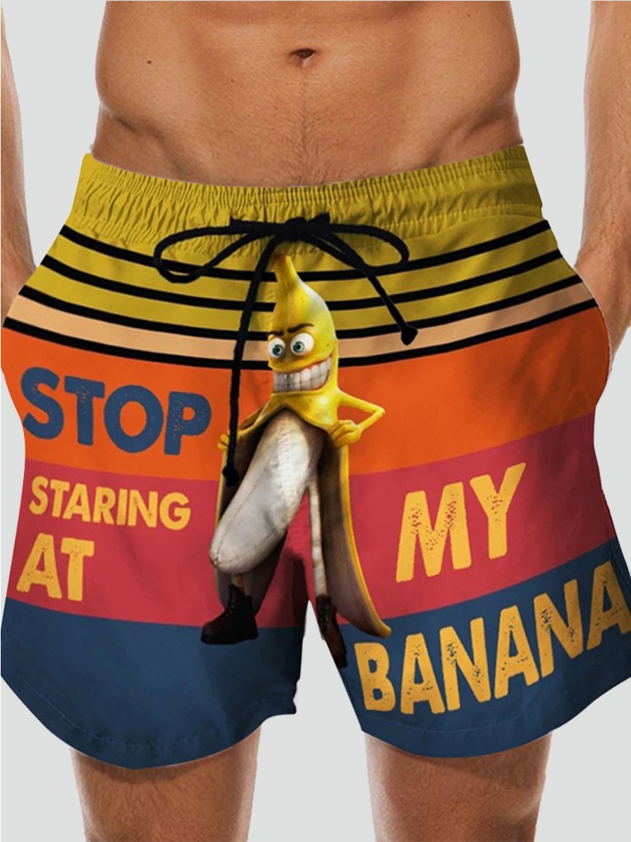

Lovely Men Boho Letter Print Striped Yellow Swimming Trunk