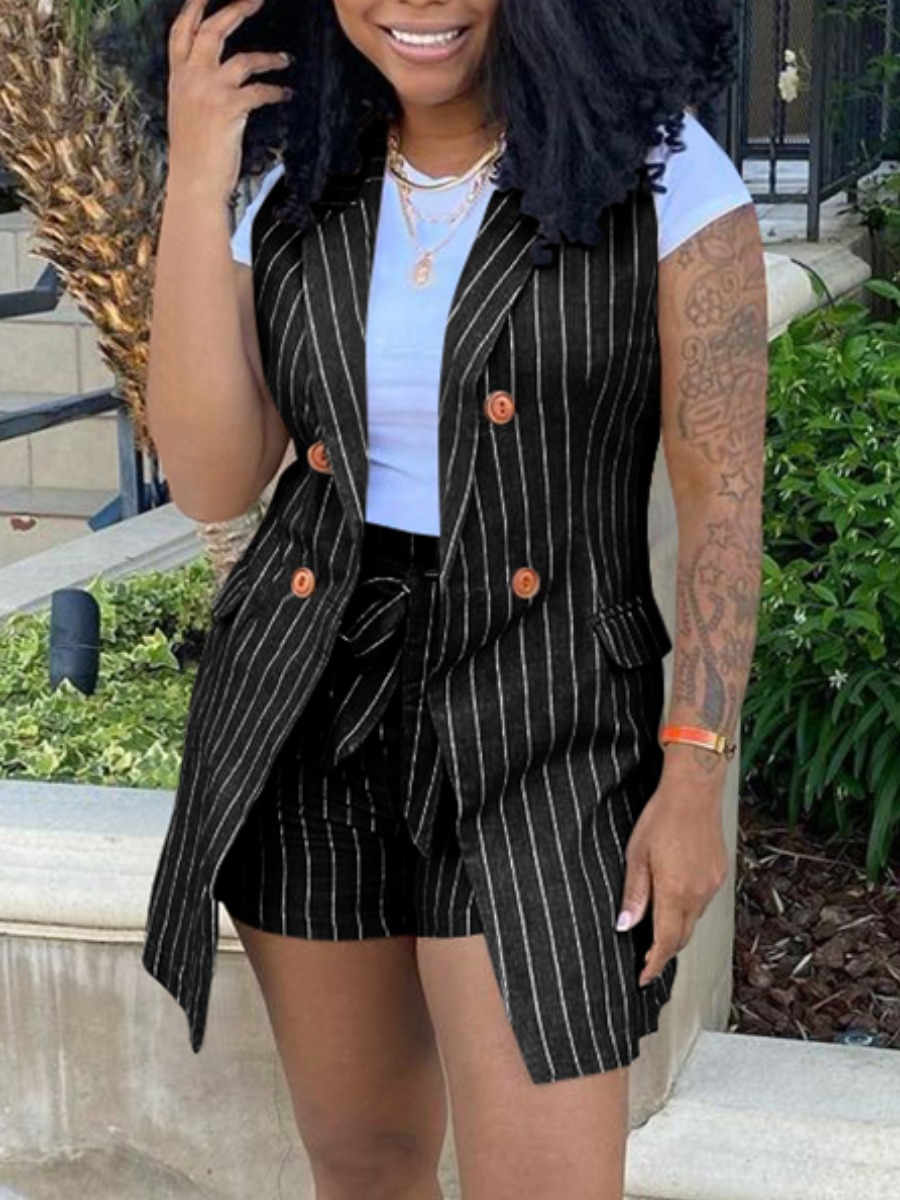 

Lovely Casual Button Design Striped Black Two Piece Shorts Set