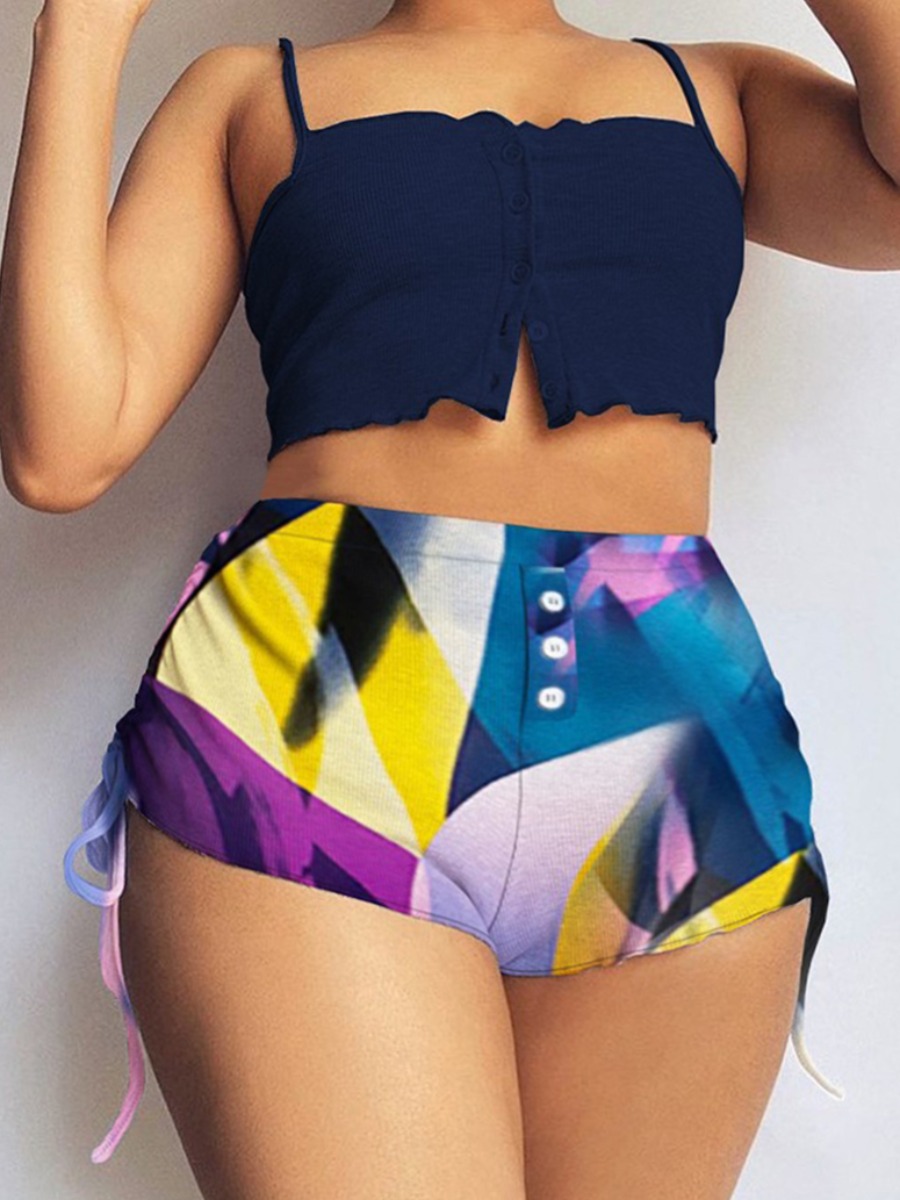 

Lovely Plus Size Casual Color-lump Drawstring Black Shorts, Blue
