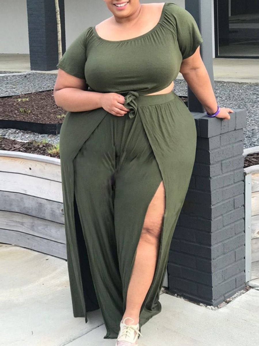 

Lovely Plus Size Casual O Neck Split Army Green Two-piece Pants Set