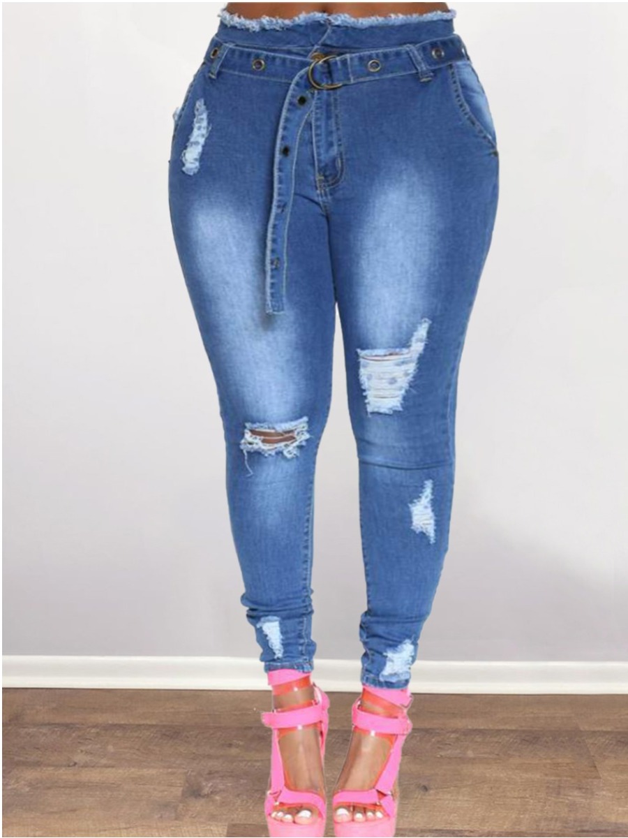 

LW Plus Size Street Raw Edge Ripped Deep Blue Jeans