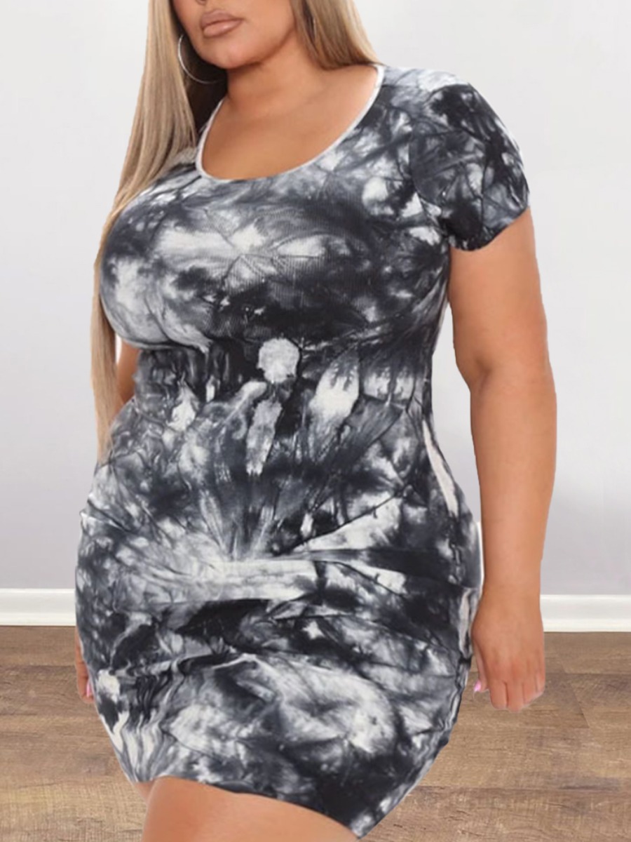 

Lovely Plus Size Casual O Neck Tie-dye Black Mini Dress